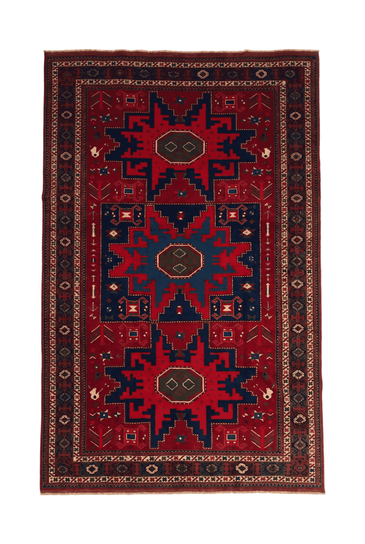 レッドのアフガン絨毯 シェルワン（幾何学柄） 200×277cm・約4.5畳の手織りウールラグ