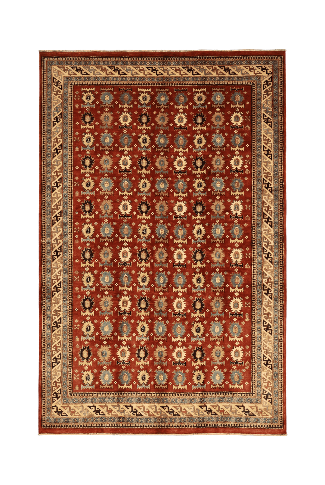レッドのアフガン絨毯 シェルワン（幾何学柄） 216×296cm・約4.5畳の手織りウールラグ