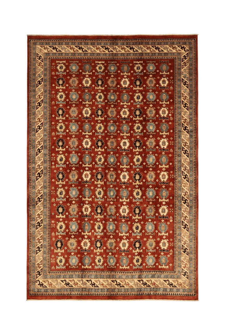 レッドのアフガン絨毯 シェルワン（幾何学柄） 216×296cm・約4.5畳の手織りウールラグ