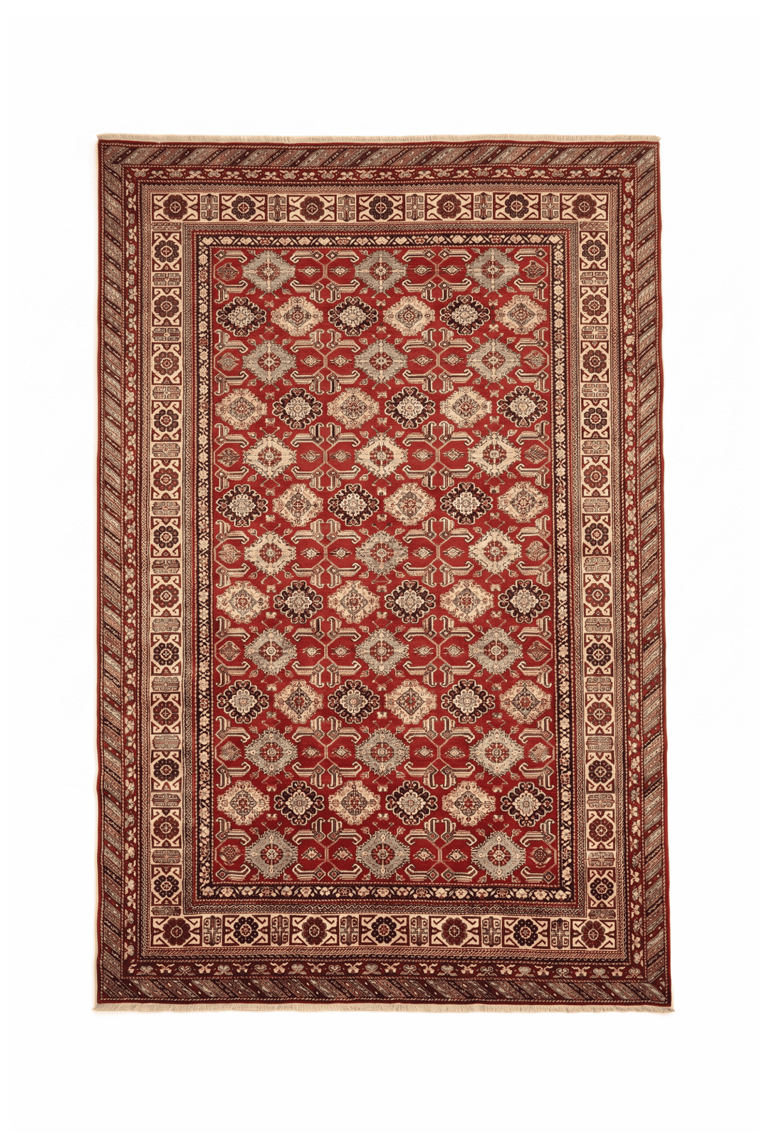 レッドのアフガン絨毯 シェルワン（ギュル柄） 215×302cm・約4.5畳の手織りウールラグ