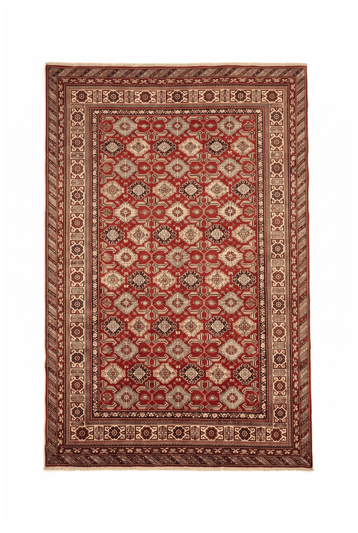 レッドのアフガン絨毯 シェルワン（ギュル柄） 215×302cm・約4.5畳の手織りウールラグ