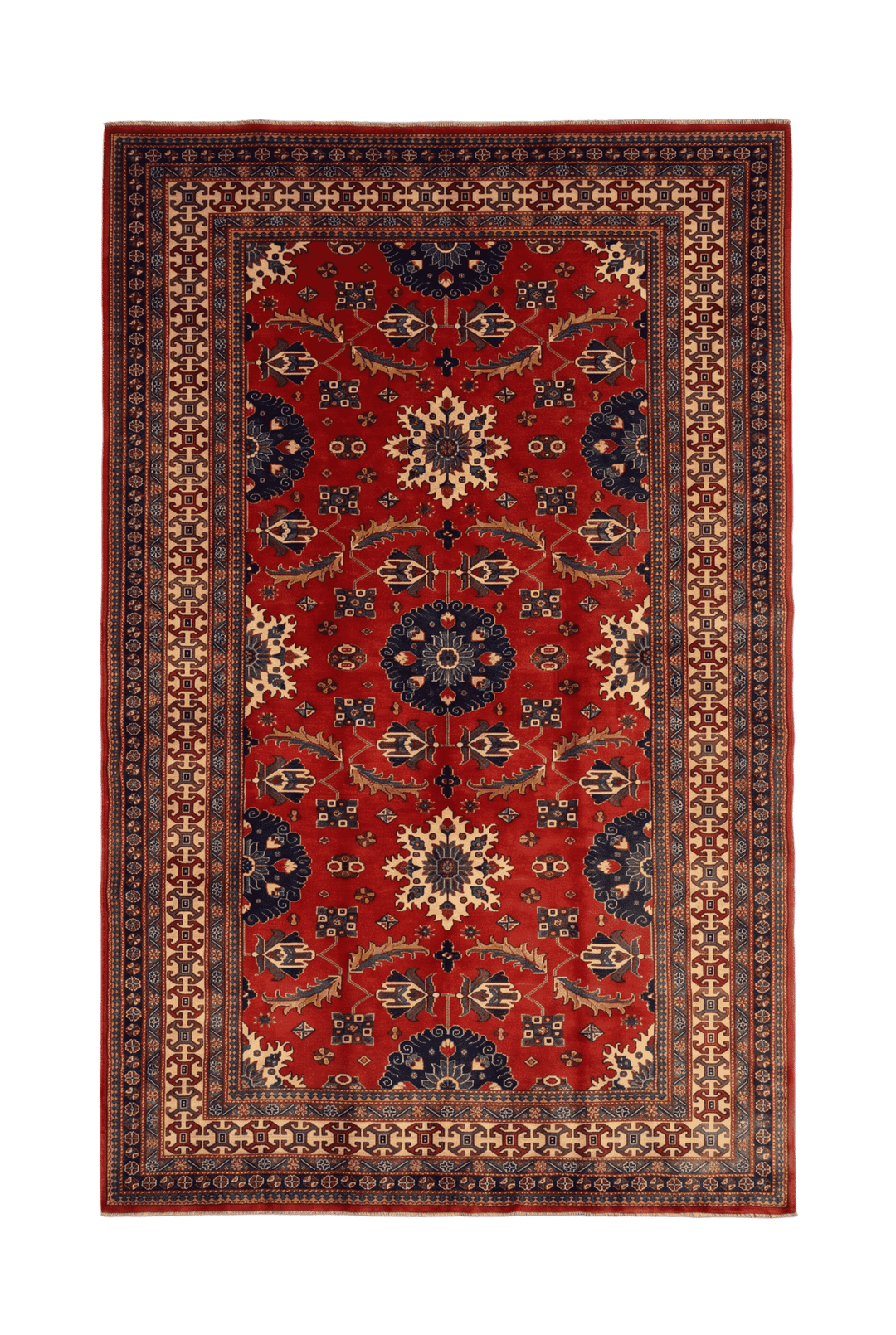 レッドのアフガン絨毯 シェルワン（メダリオン柄） 185×288cm・約3畳の手織りウールラグ