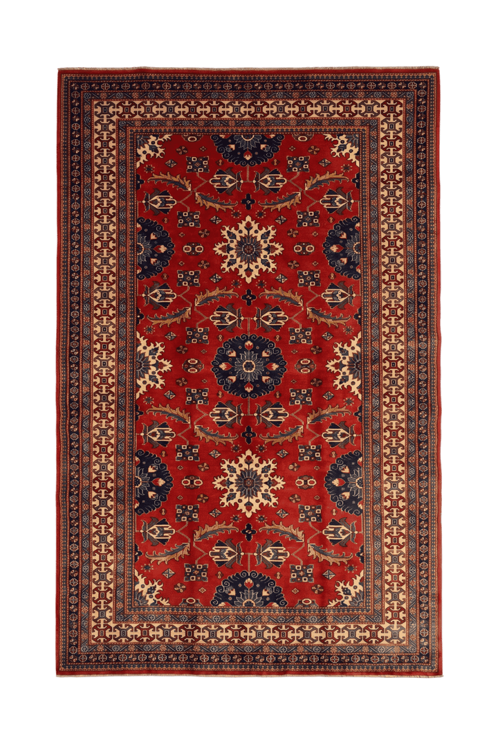 レッドのアフガン絨毯 シェルワン（メダリオン柄） 185×288cm・約3畳の手織りウールラグ
