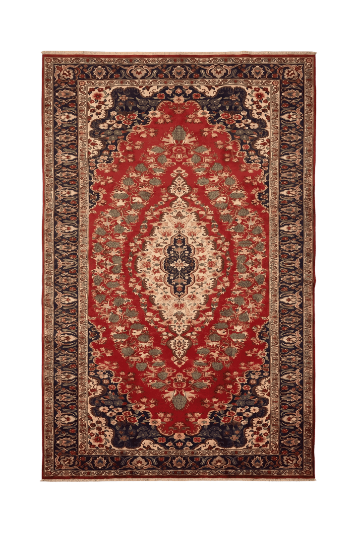 レッドのアフガン絨毯 シェルワン（メダリオン柄） 207×318cm・約4.5畳の手織りウールラグ