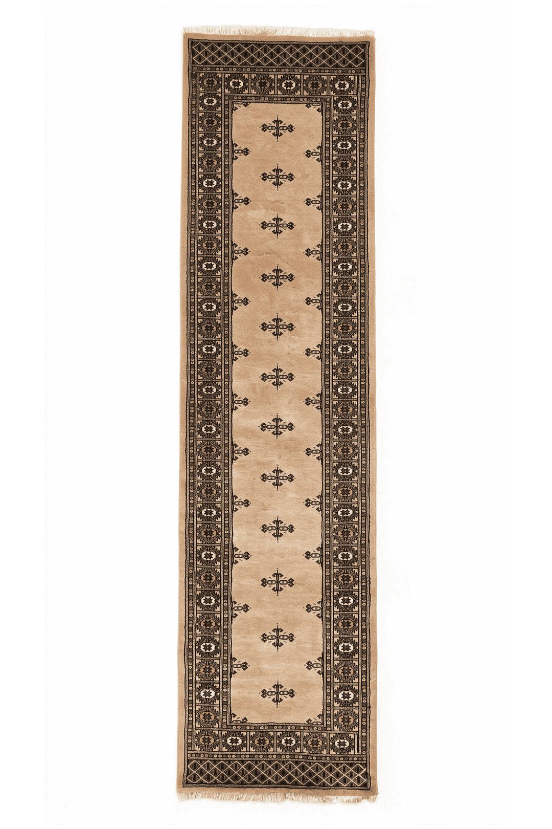 キャメルのパキスタン絨毯 高密度（ギュル柄） 81×305cm・廊下ランナーの手織りウールラグ