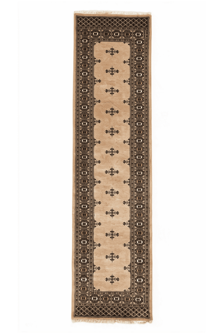 キャメルのパキスタン絨毯 高密度（ギュル柄） 81×305cm・廊下ランナーの手織りウールラグ