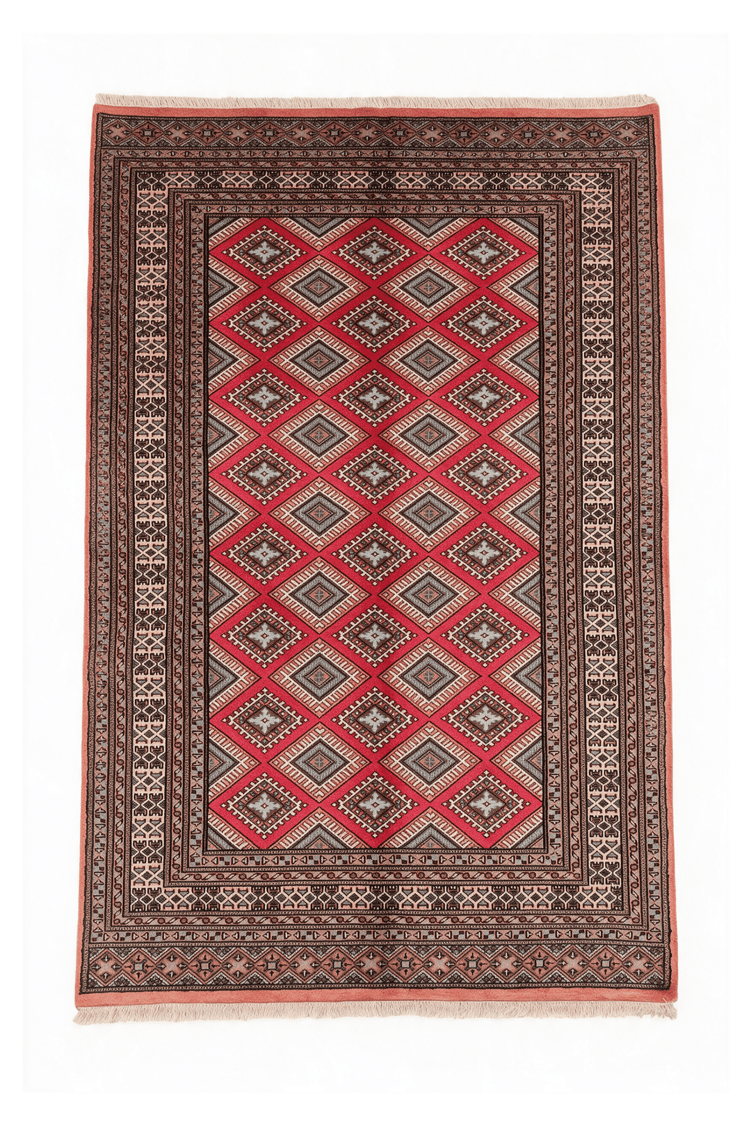 クリムゾンのパキスタン絨毯 高密度（幾何学柄） 156×239cm・約2畳の手織りウールラグ