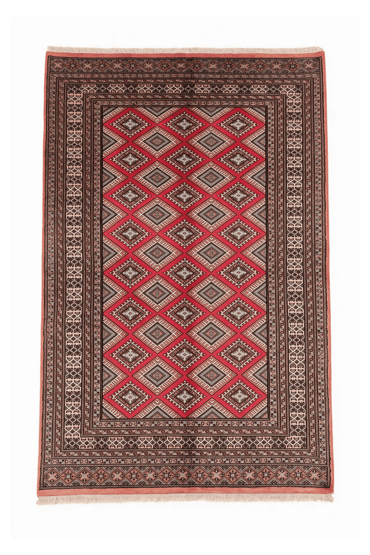 クリムゾンのパキスタン絨毯 高密度（幾何学柄） 156×239cm・約2畳の手織りウールラグ