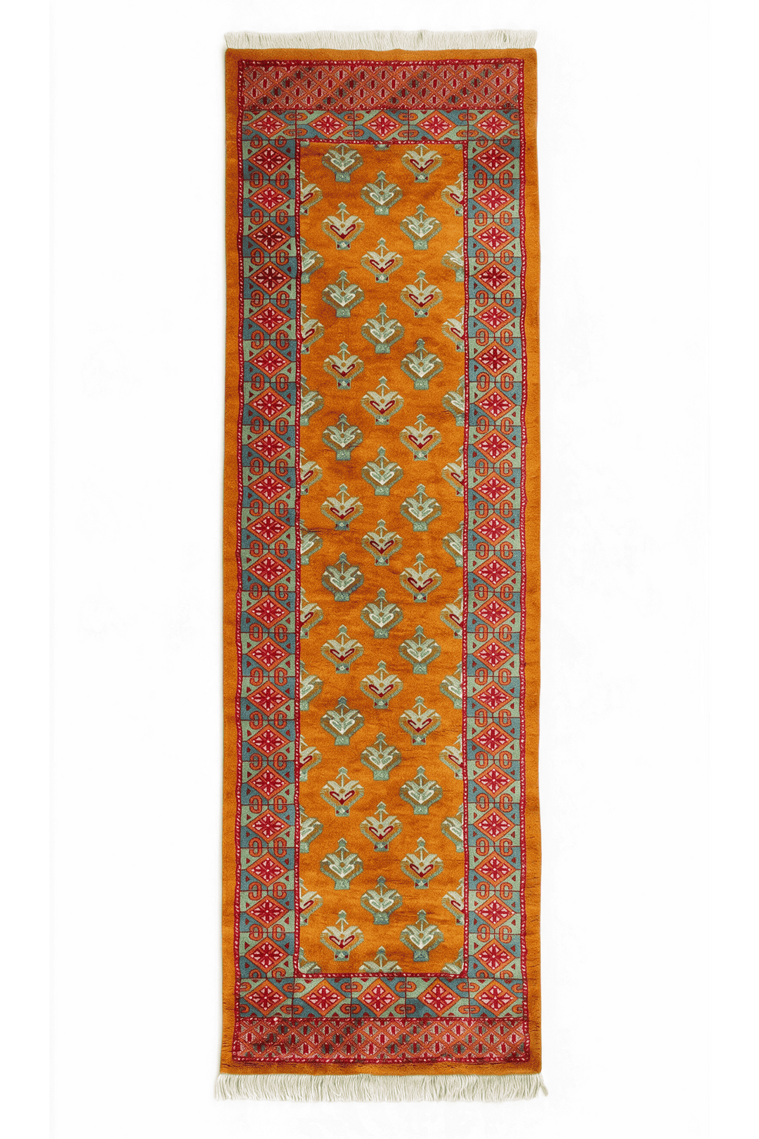 サフランのパキスタン絨毯 高密度（花柄） 82×234cm・廊下ランナーの手織りウールラグ