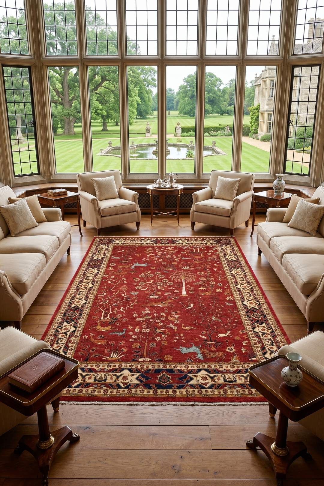 Red Shikargah Hunting Ghazni, Hand-Knotted Afghan Wool Rug