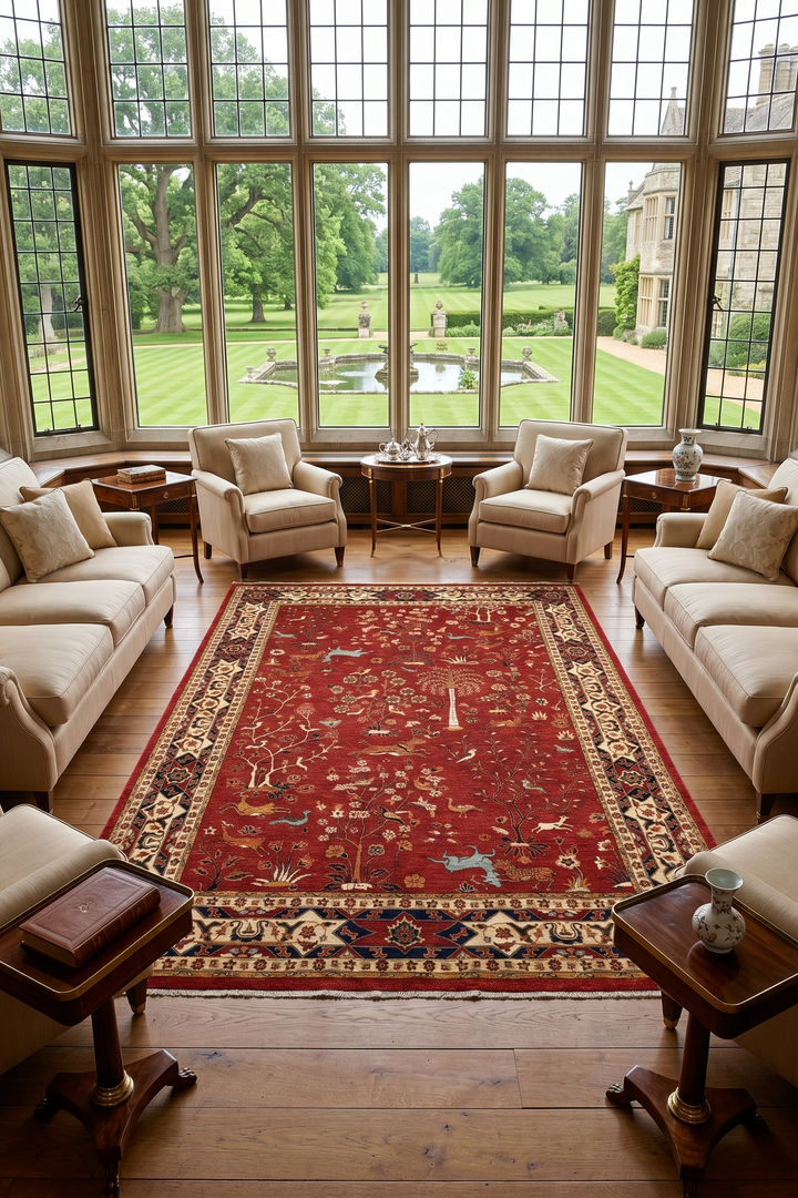 Red Shikargah Hunting Ghazni, Hand-Knotted Afghan Wool Rug