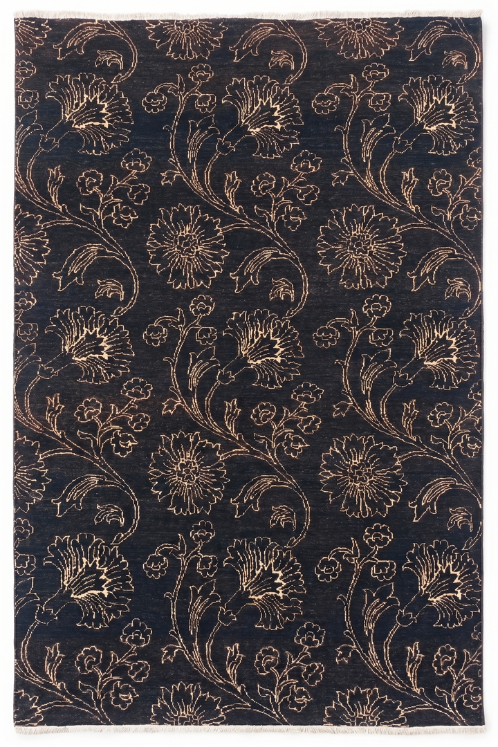 Midnight Floral Gabbeh, Hand-Knotted Afghan Wool Rug