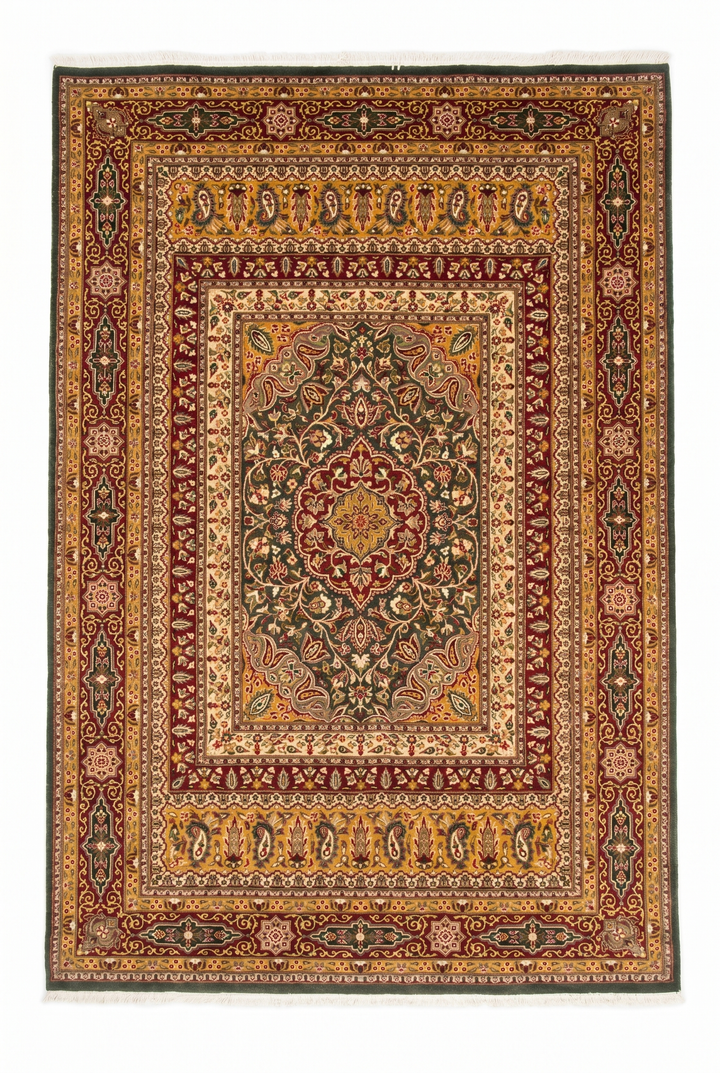 Emerald Medallion Tabriz, Hand-Knotted Pakistani Wool Rug