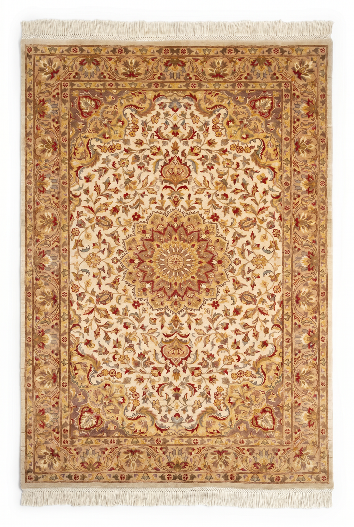 Ivory Medallion Tabriz, Hand-Knotted Pakistani Silk Rug