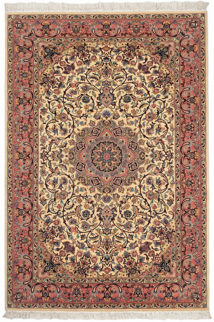 Rose &amp; Ivory Medallion Tabriz, Hand-Knotted Pakistani Wool Rug