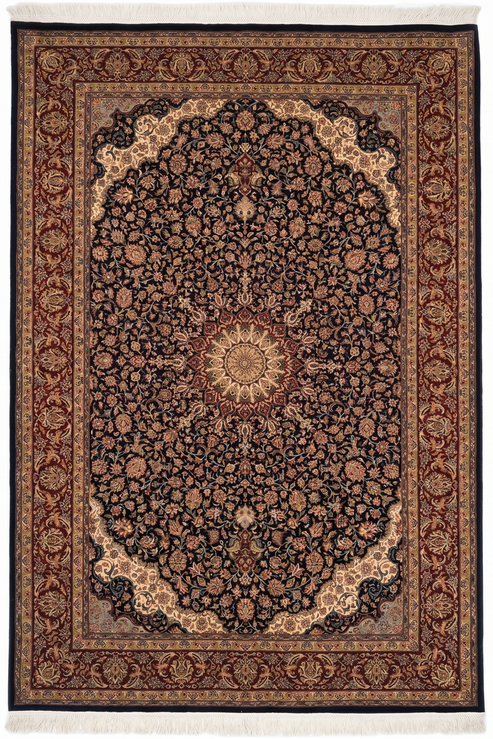 Obsidian &amp; Claret Medallion Tabriz, Hand-Knotted Pakistani Wool Rug