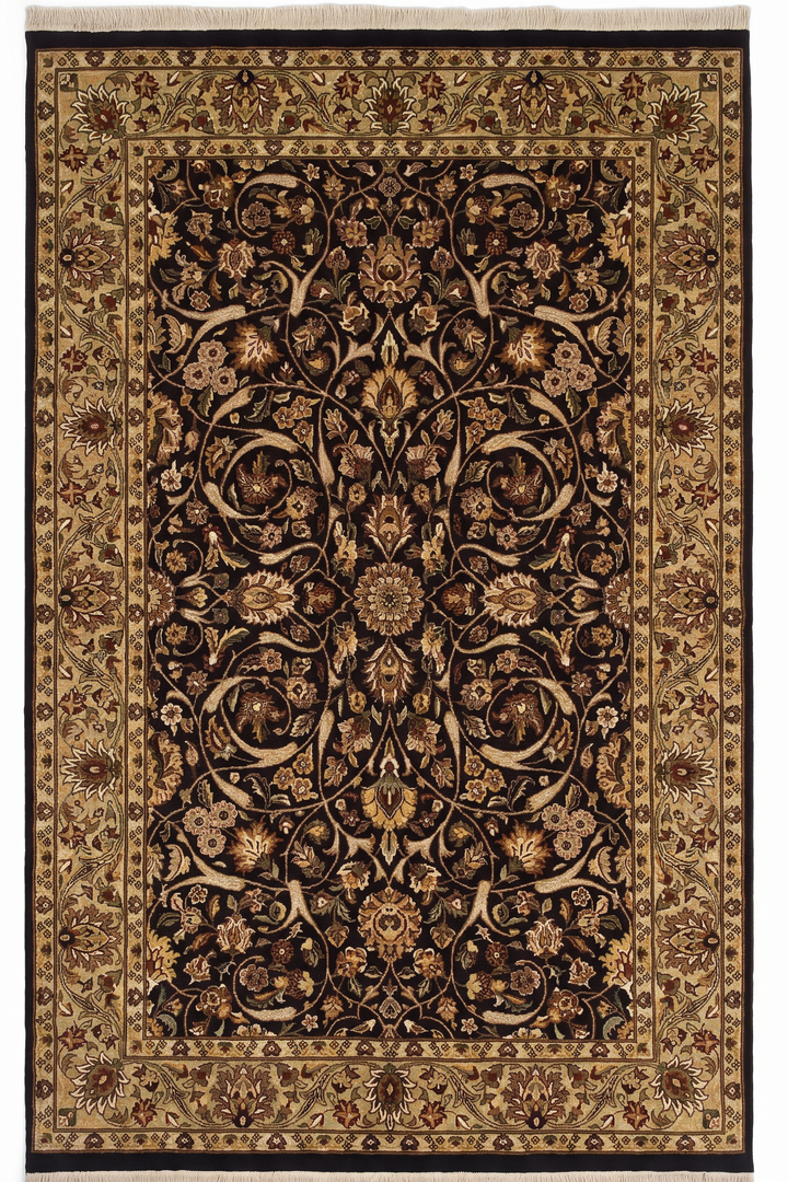 Ebony &amp; Gold All-Over Floral, Hand-Knotted Pakistani Wool Rug