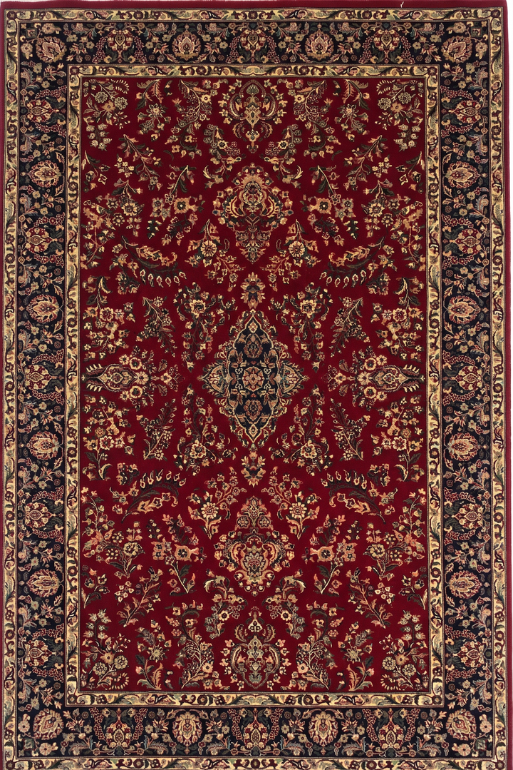 Wine &amp; Navy Floral Tabriz, Hand-Knotted Pakistani Wool Rug