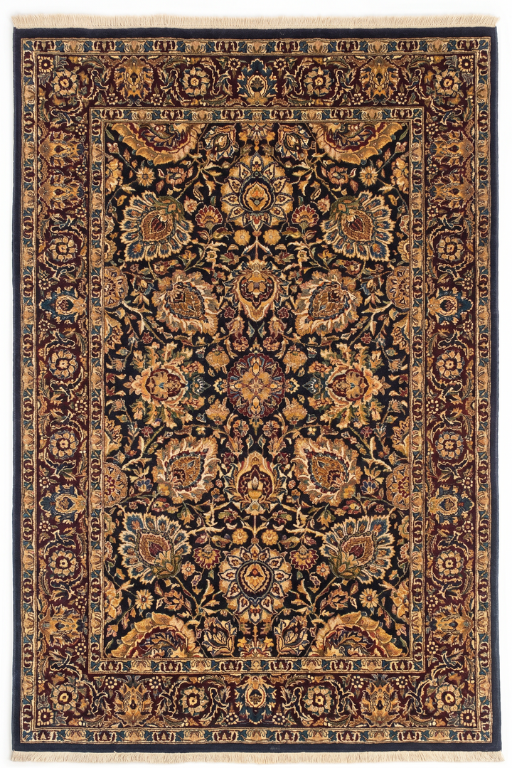 Jet &amp; Gold Floral, Hand-Knotted Pakistani Wool Rug
