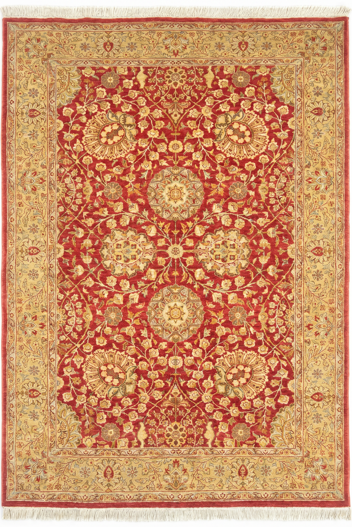Pomegranate &amp; Gold Floral, Hand-Knotted Pakistani Wool Rug