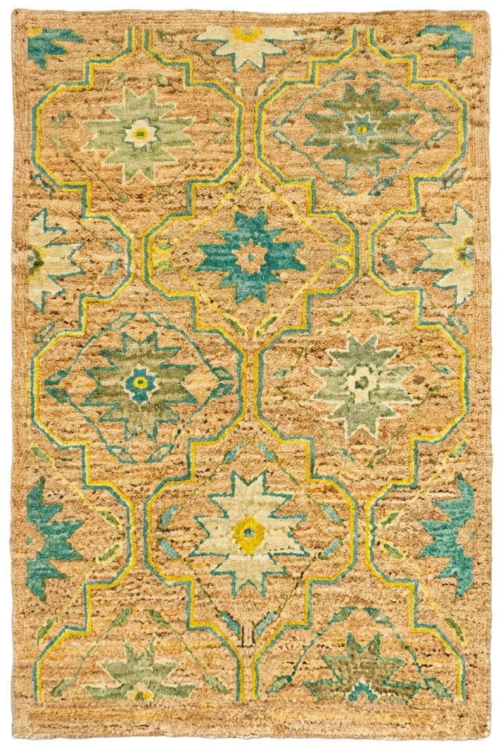 Gold &amp; Green Floral Gabbeh, Hand-Knotted Afghan Wool Rug