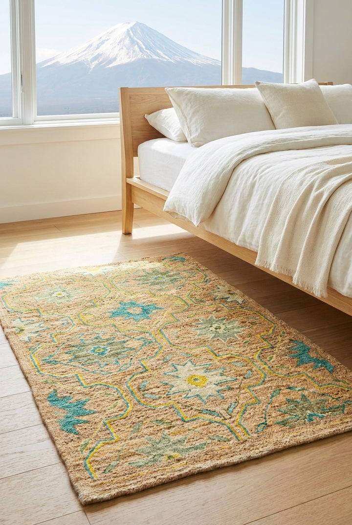 Gold &amp; Green Floral Gabbeh, Hand-Knotted Afghan Wool Rug