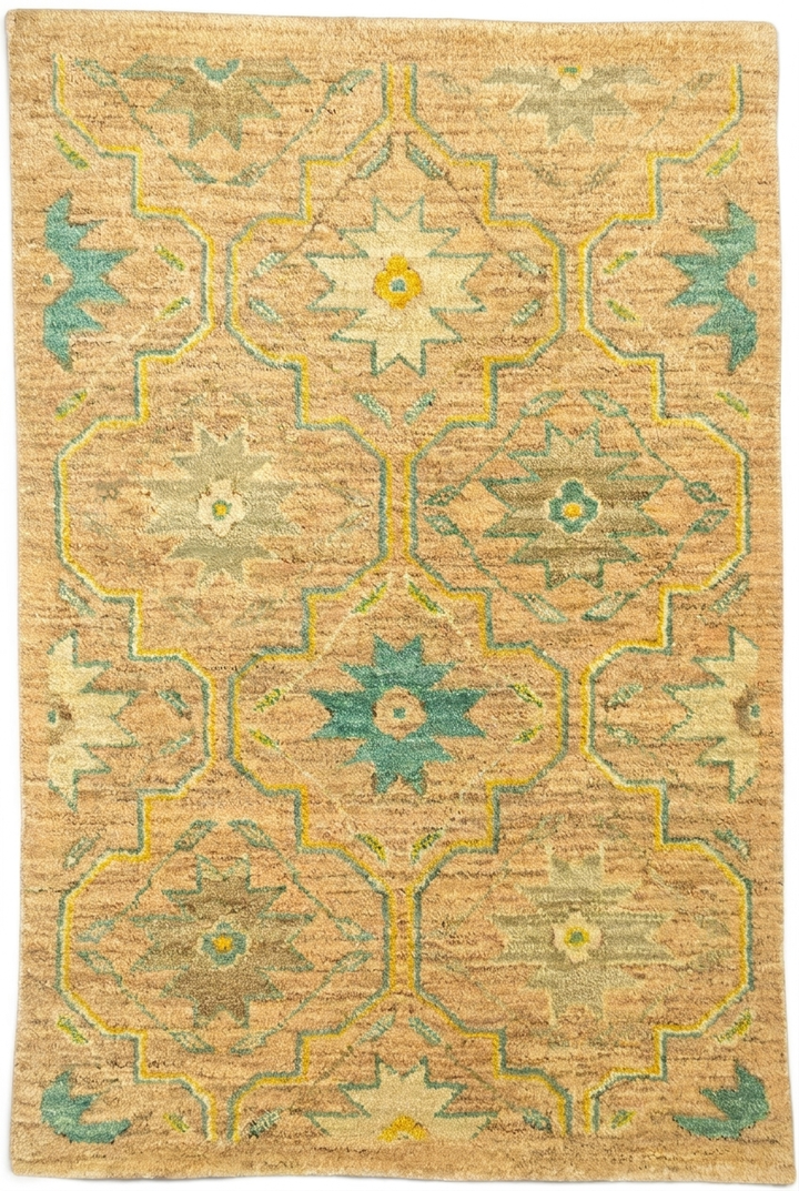 Gold &amp; Green Floral Gabbeh, Hand-Knotted Afghan Wool Rug