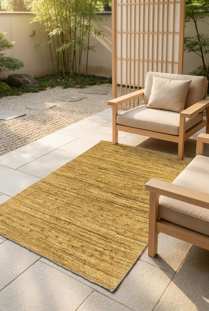 Wheat Gold Gabbeh with Rust Flecks, Hand-Knotted Afghan Wool Rug