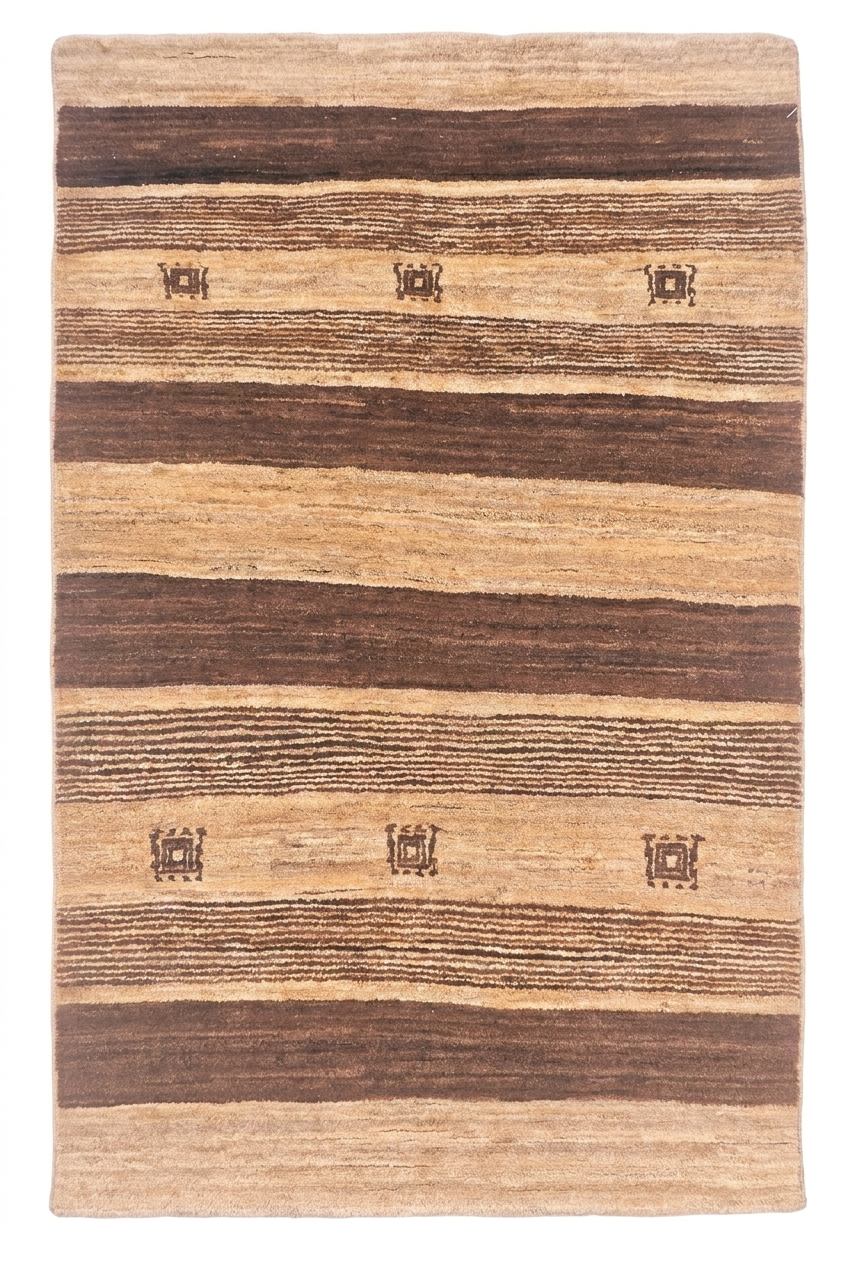 Brown &amp; Cream Banded Gabbeh, Hand-Knotted Afghan Wool Rug