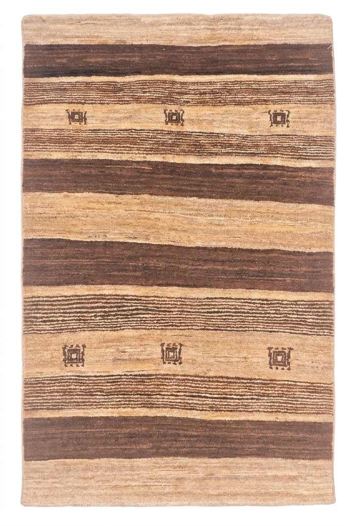 Brown &amp; Cream Banded Gabbeh, Hand-Knotted Afghan Wool Rug