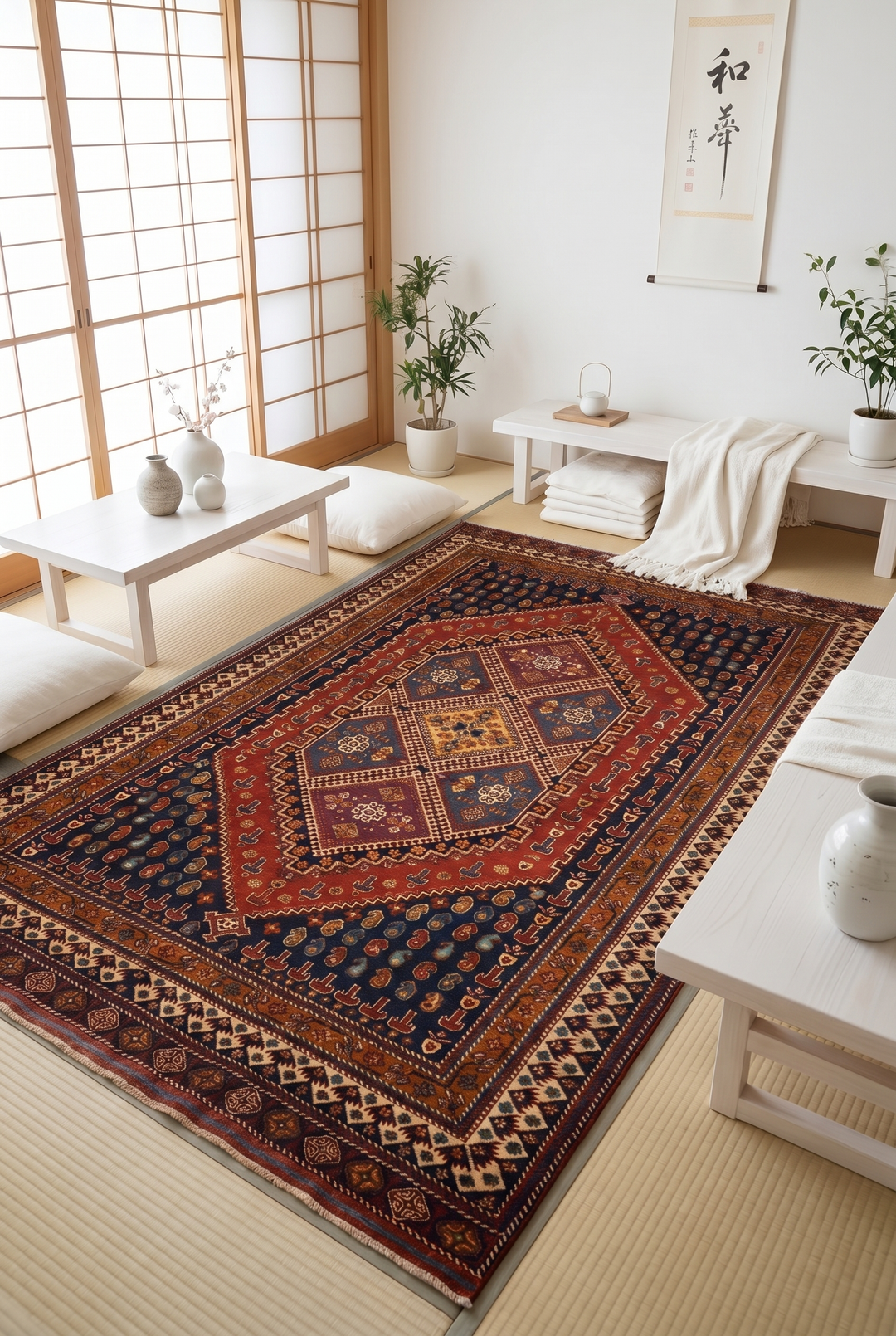 Navy &amp; Red Tribal Medallion Rug, Hand-Knotted Afghani Sherwan