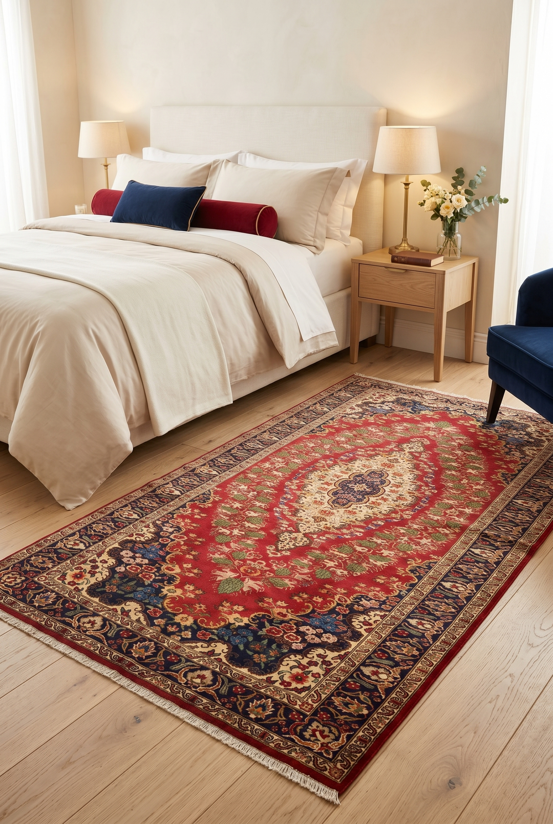 Red &amp; Navy Floral Medallion Rug, Hand-Knotted Afghani Sherwan