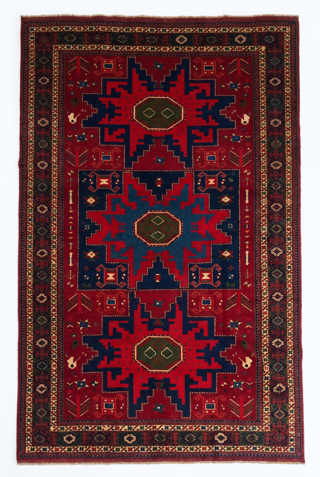 Red &amp; Navy Lesghi Star Rug, Hand-Knotted Afghani Sherwan