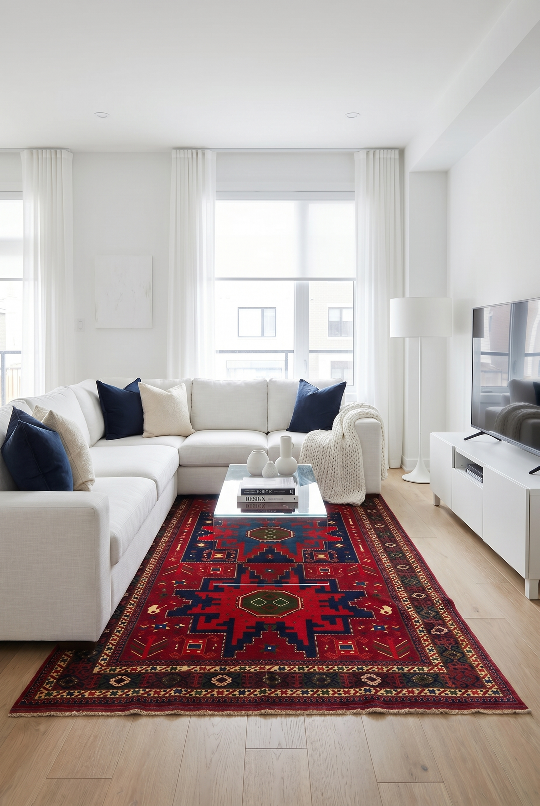 Red &amp; Navy Lesghi Star Rug, Hand-Knotted Afghani Sherwan