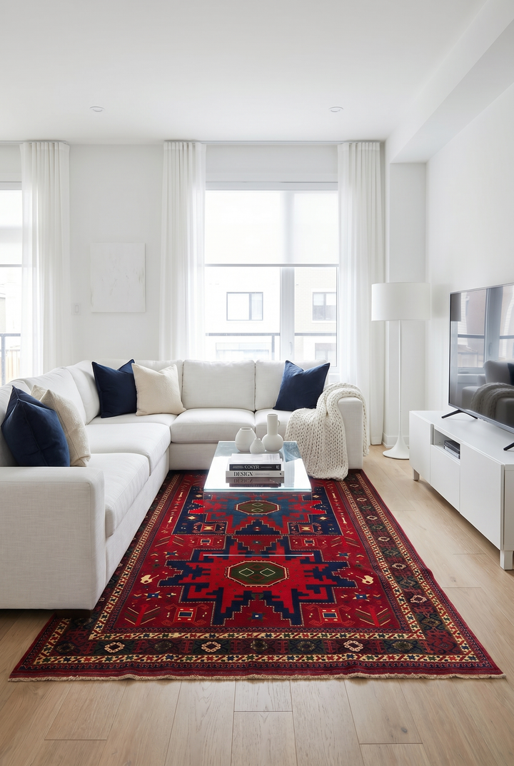 Red &amp; Navy Lesghi Star Rug, Hand-Knotted Afghani Sherwan
