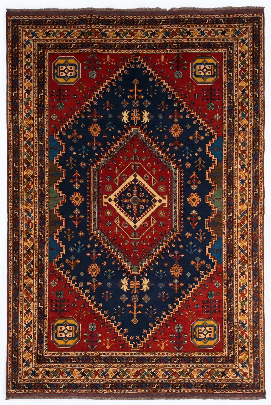 Navy &amp; Red Shiraz Medallion Rug, Hand-Knotted Afghani Sherwan