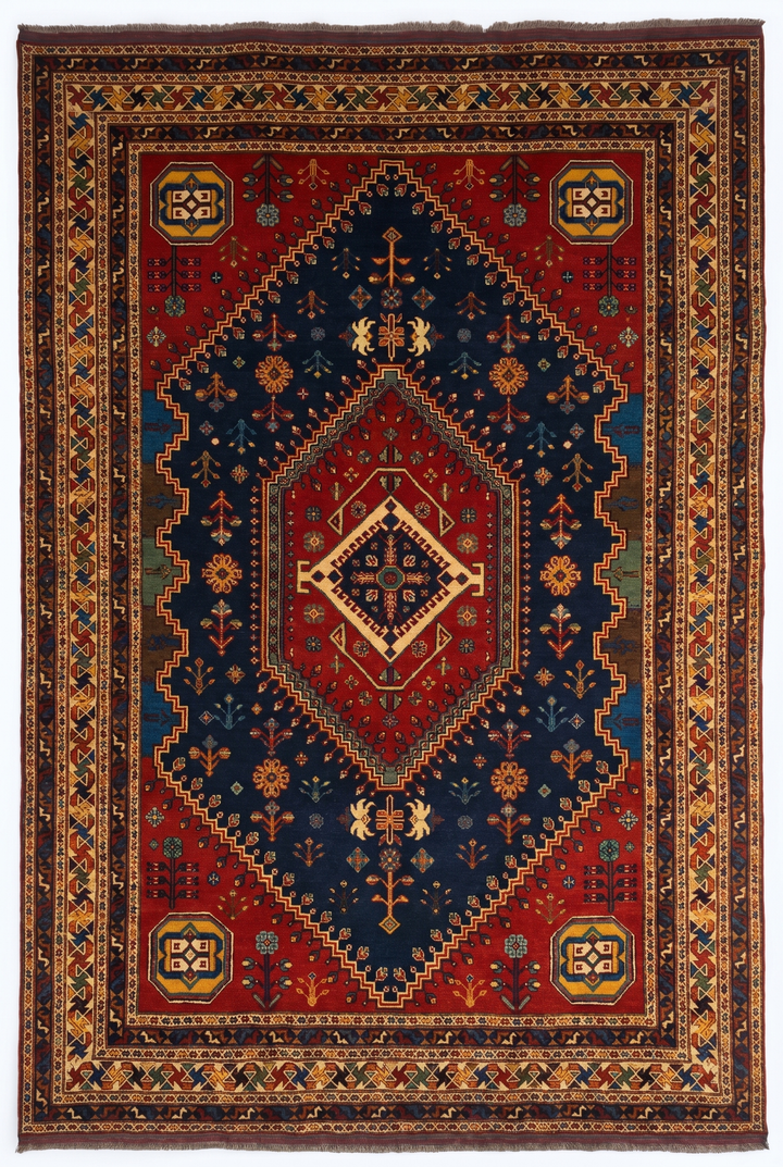 Navy &amp; Red Shiraz Medallion Rug, Hand-Knotted Afghani Sherwan