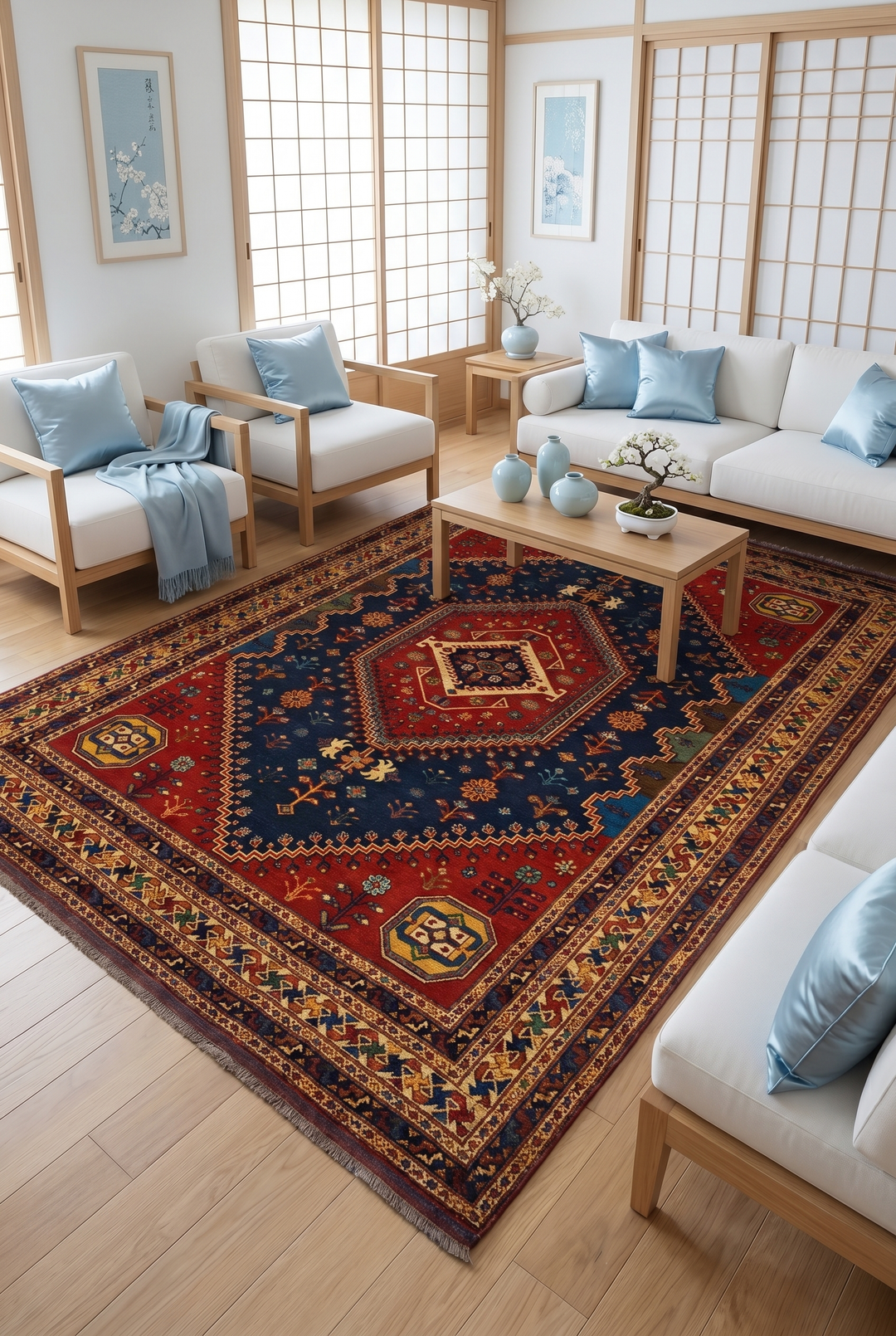 Navy &amp; Red Shiraz Medallion Rug, Hand-Knotted Afghani Sherwan