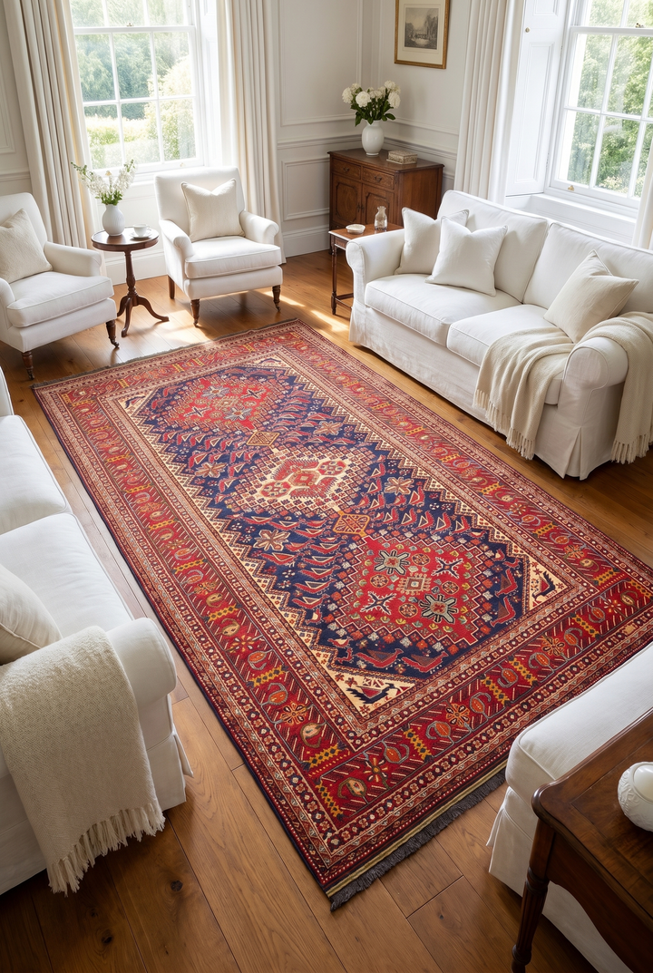 Navy &amp; Red Akstafa Rug, Hand-Knotted Afghani Sherwan