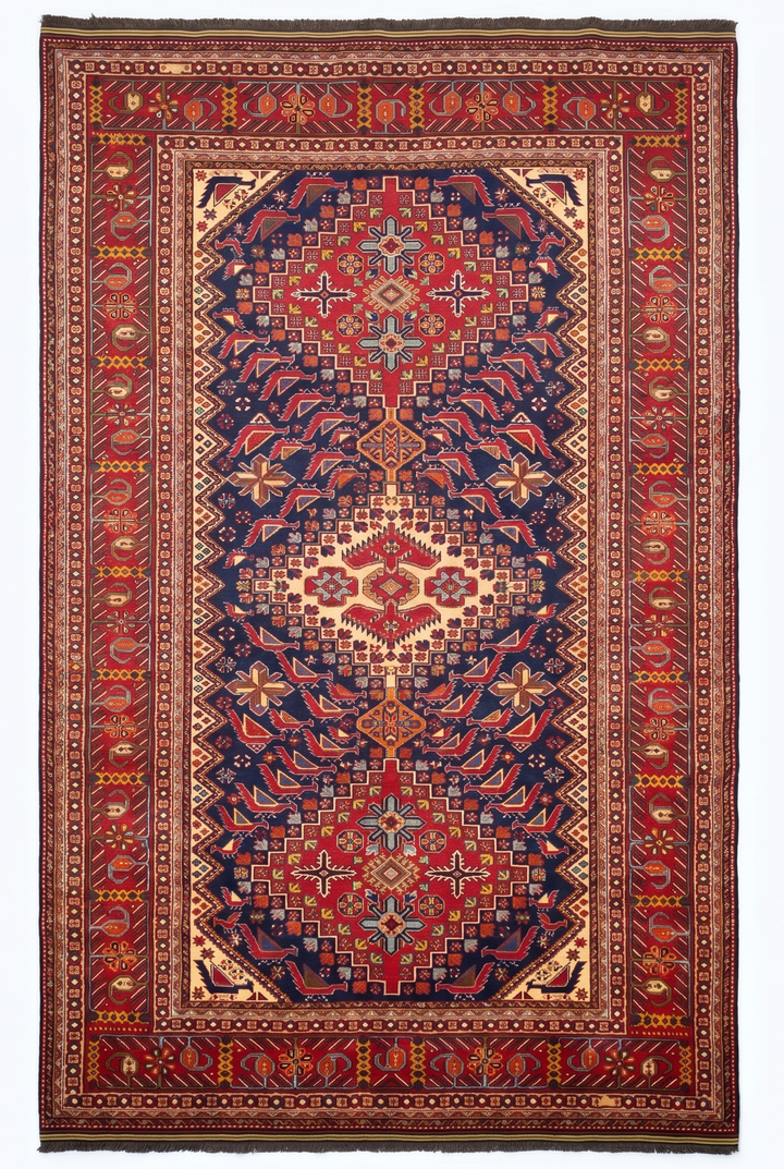 Decorative rug with intricate patterns on a white background