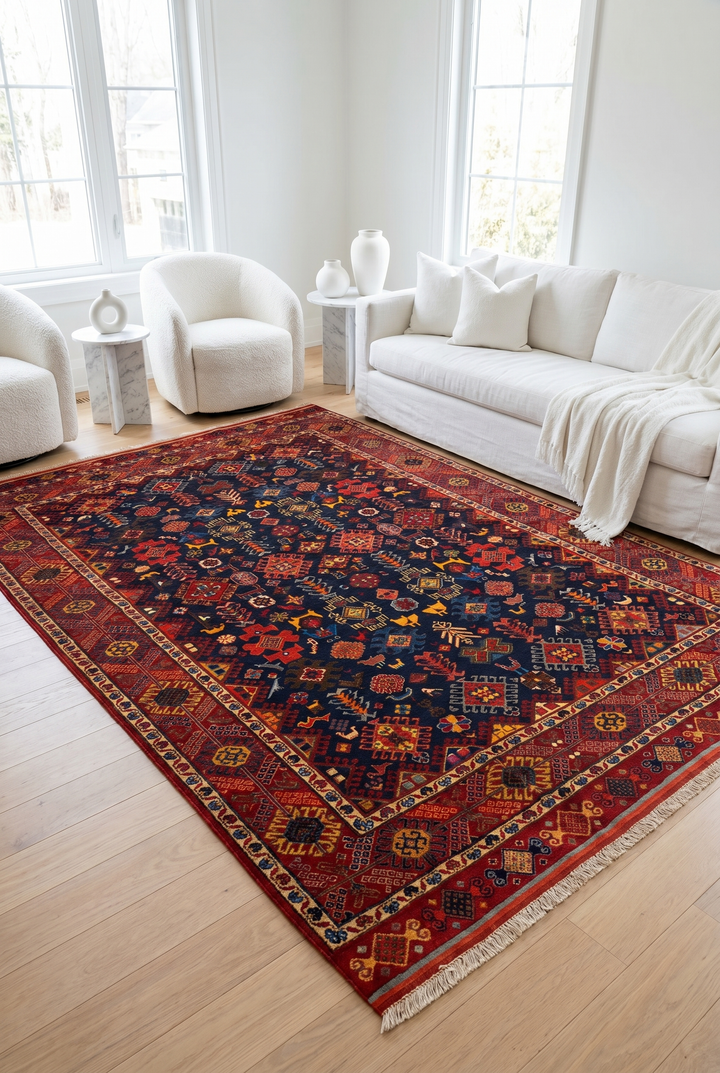 Navy &amp; Red Shemakha Rug, Hand-Knotted Afghani Sherwan