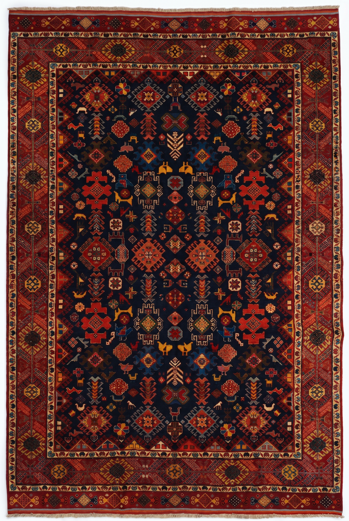 Navy &amp; Red Shemakha Rug, Hand-Knotted Afghani Sherwan