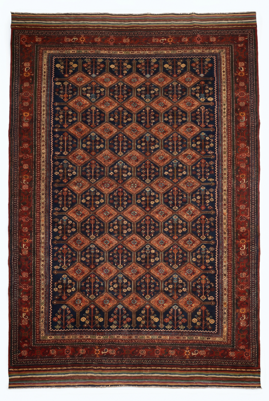 Navy &amp; Red Garden Lattice Rug, Hand-Knotted Afghani Sherwan