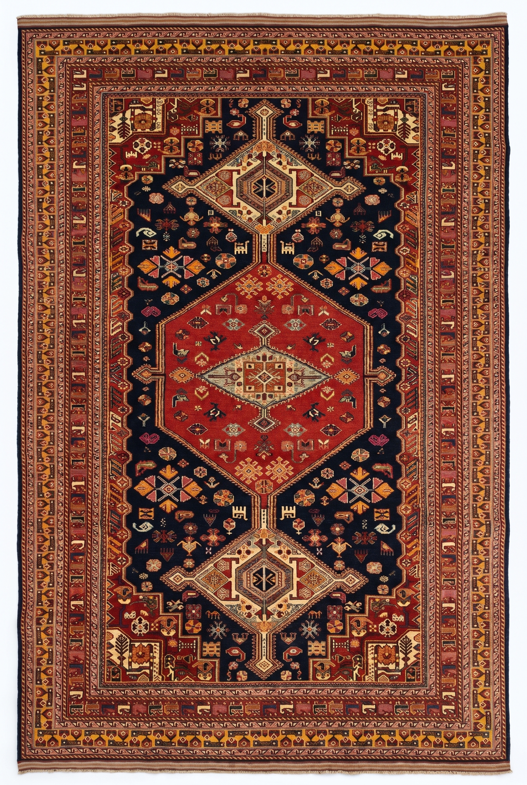 Navy &amp; Red Khamseh Tribal Rug, Hand-Knotted Afghani Sherwan