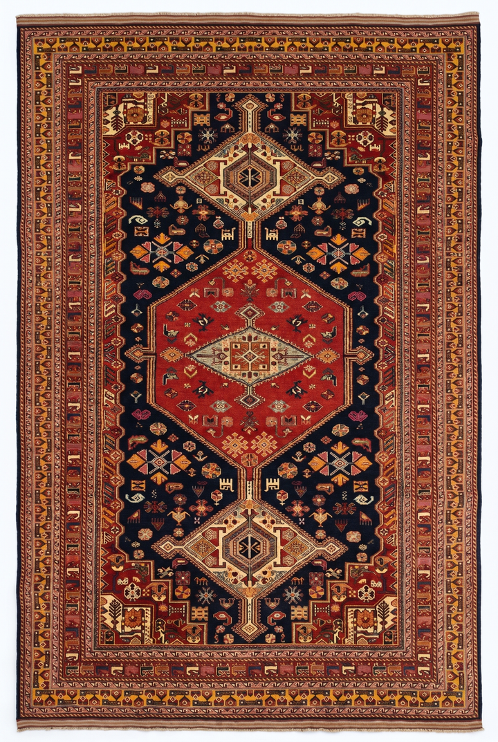Navy &amp; Red Khamseh Tribal Rug, Hand-Knotted Afghani Sherwan