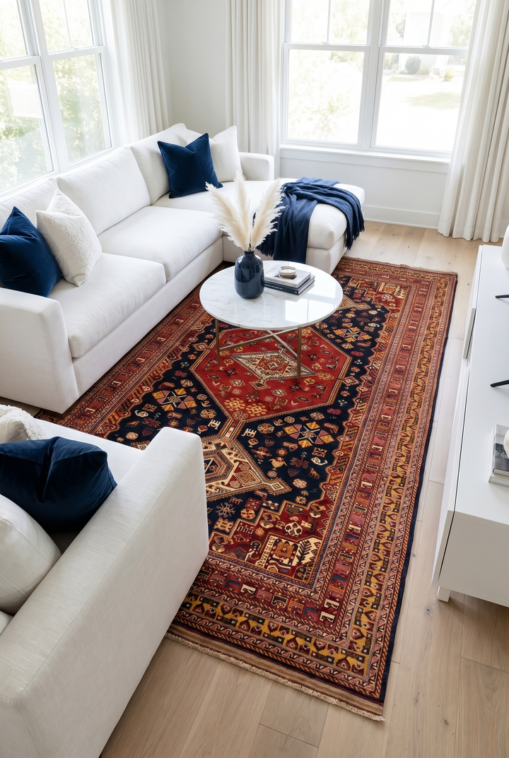 Navy &amp; Red Khamseh Tribal Rug, Hand-Knotted Afghani Sherwan