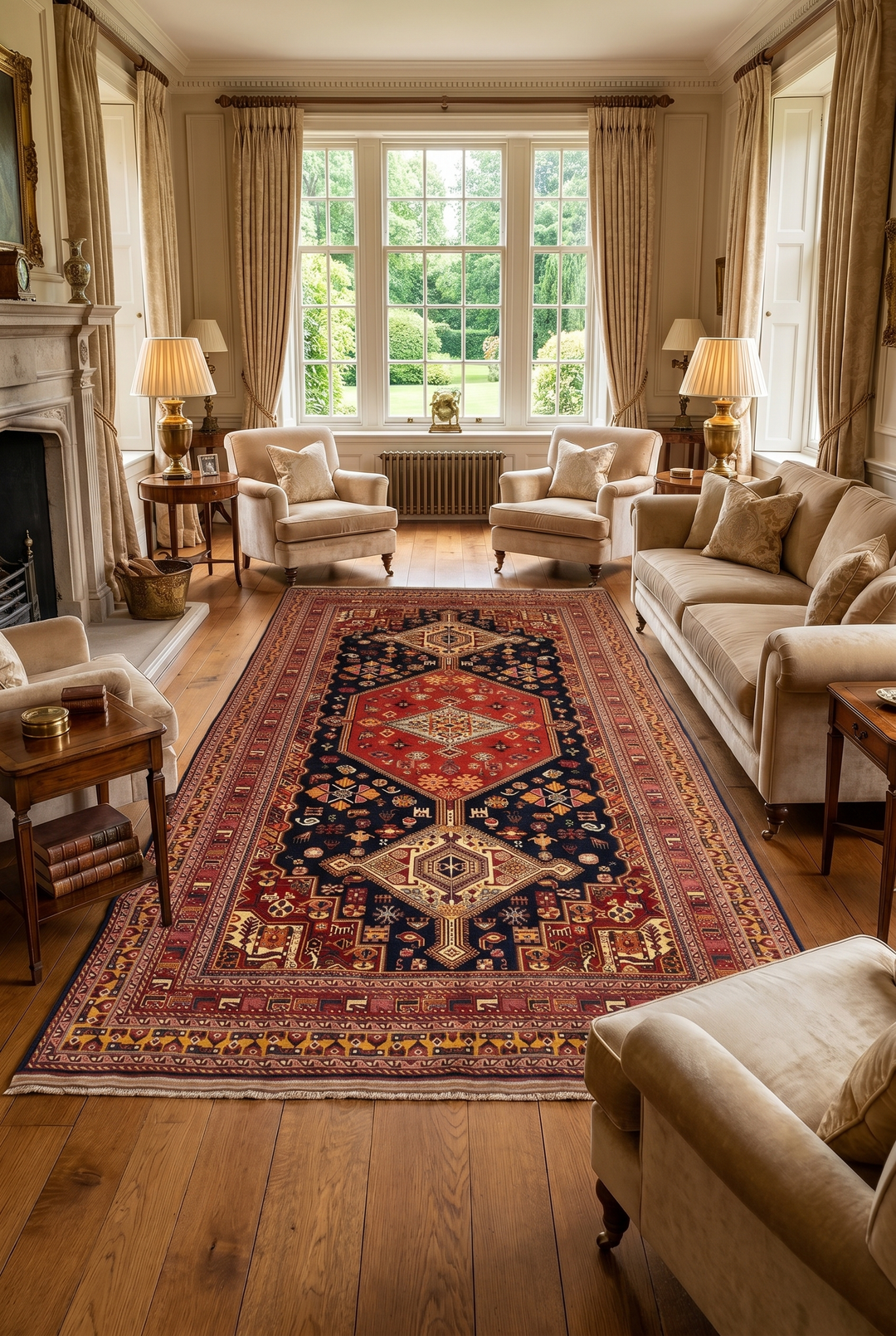 Navy &amp; Red Khamseh Tribal Rug, Hand-Knotted Afghani Sherwan