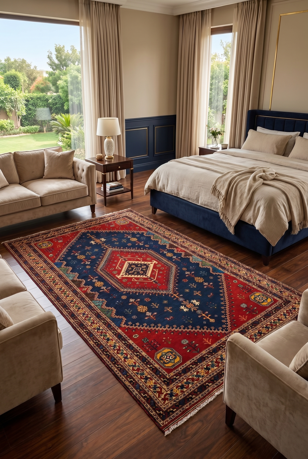 Navy &amp; Red Afshar Medallion Rug, Hand-Knotted Afghani Sherwan