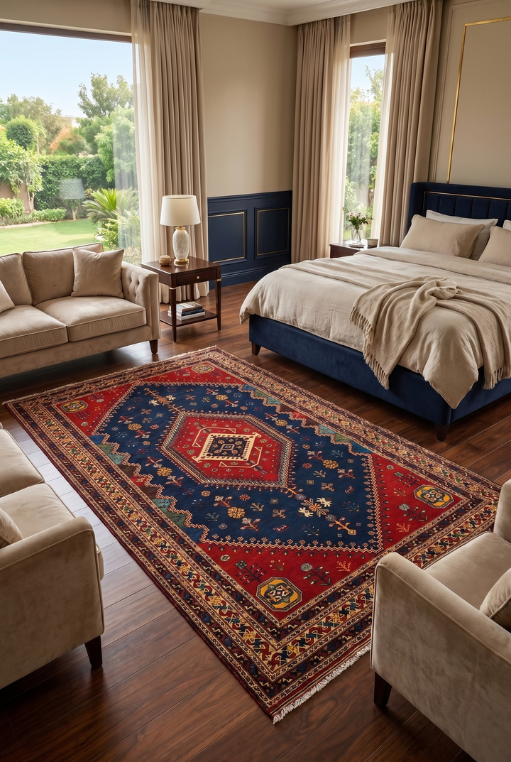 Navy &amp; Red Afshar Medallion Rug, Hand-Knotted Afghani Sherwan