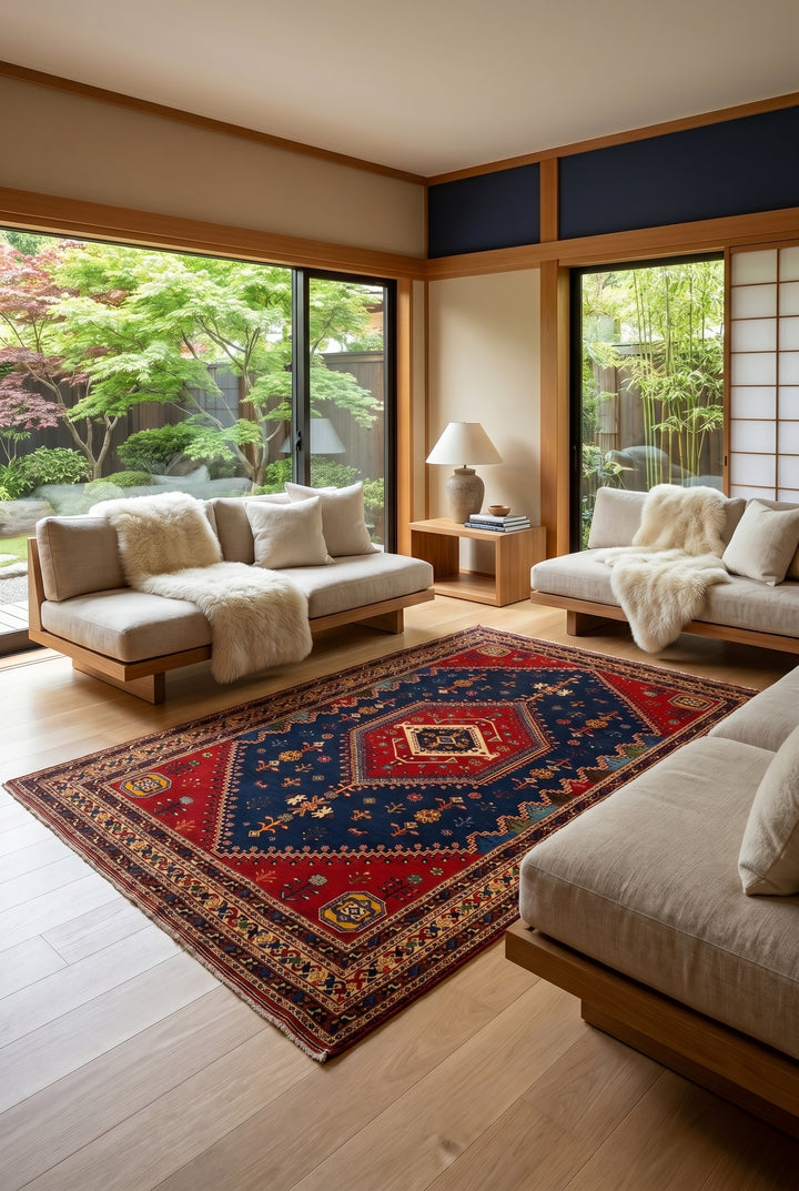 Navy &amp; Red Afshar Medallion Rug, Hand-Knotted Afghani Sherwan